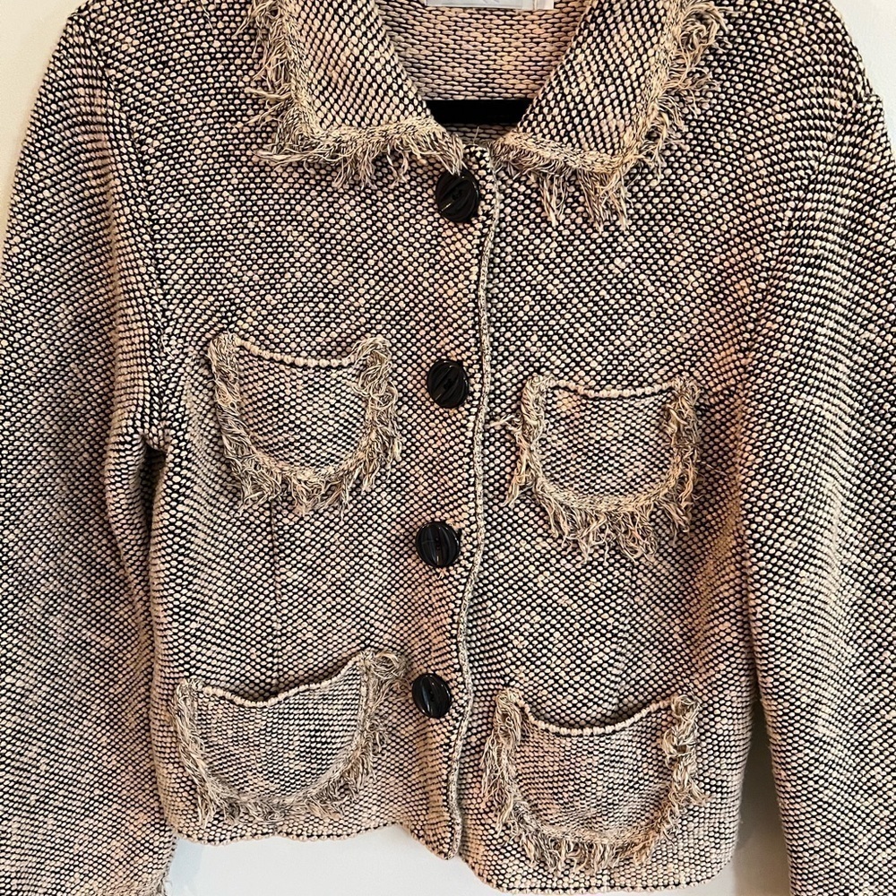 Vintage Willow Black/Cream Button Front Frayed Jacket with Pockets Large - Picture 7 of 9